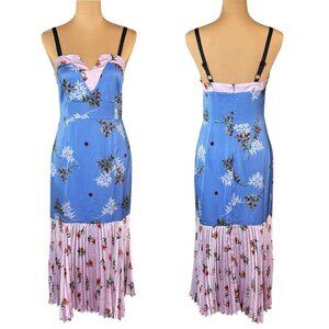 Liquorish Floral Satin Midi Dress Sz. 6 Blue Pleated Hem Fairy Cocktail Event
